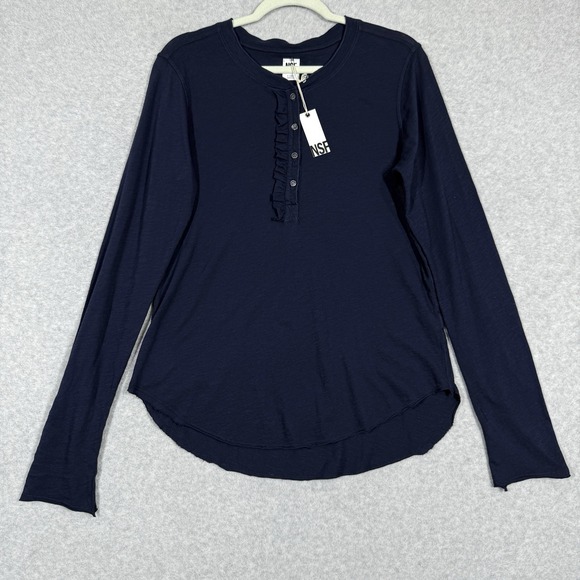 NSF‎ Clothing Top Womens Medium Baylor Henley Long Sleeve Tee Shirt Indigo NWT - Picture 1 of 12